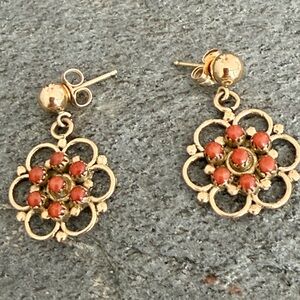 Vintage Zuni Native American Handcrafted 14K Red Coral Earrings